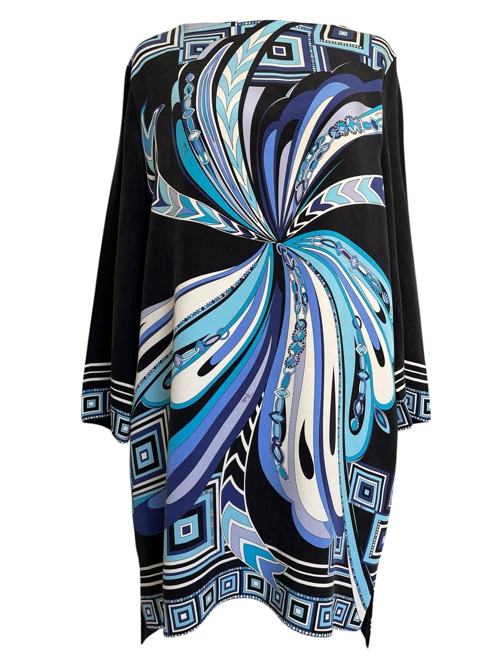 Vintage Emilio Pucci Black Blue White Swirl Silk Long Sleeve Mini Dress 44 10 M
